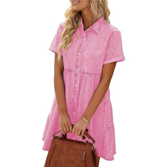 Short Sleeve Button Down Flowy Tiered Babydoll Denim Dress WomenS - Picture 3 of 6